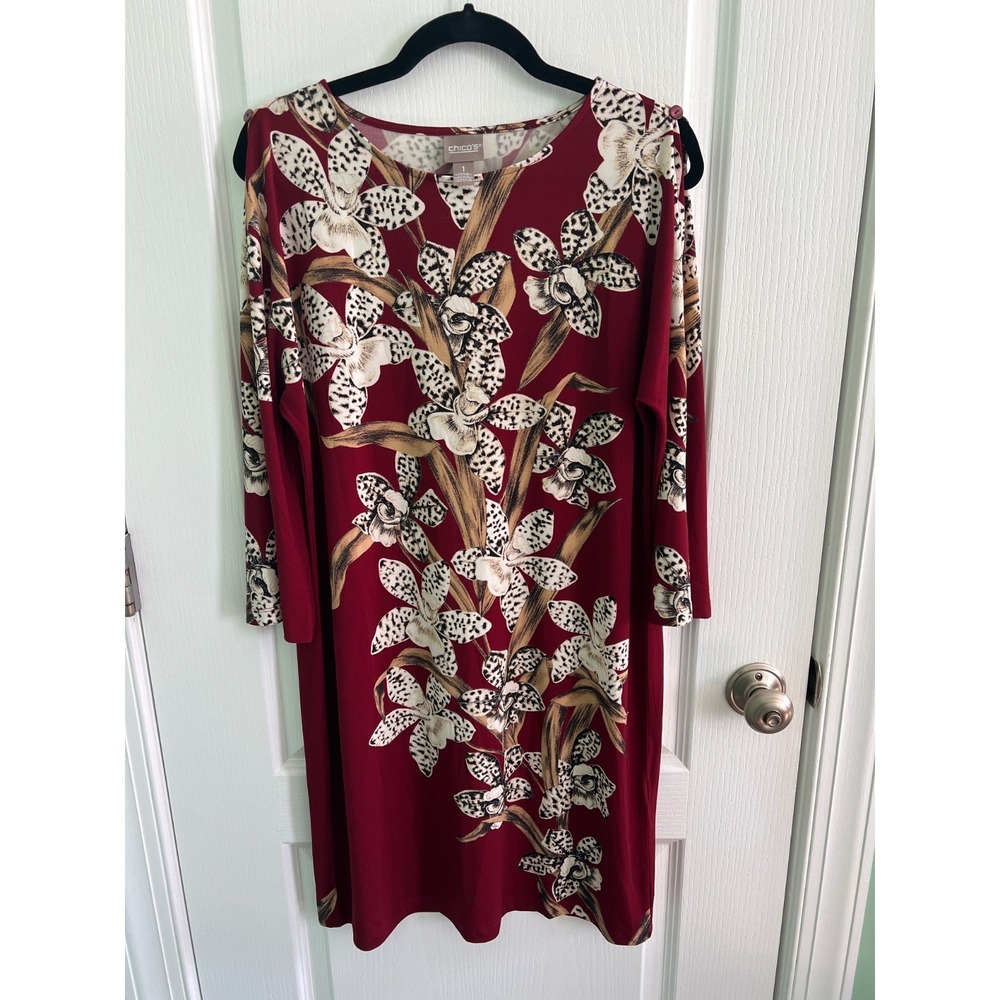 Chico's Shift Dress Red‎ Animal Print Floral Slit Sleeve Size 1 US Medium